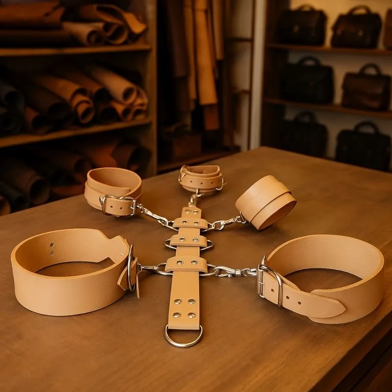 Halsfessel Armfesseln Oberschenkelfesseln Set – Premium Echtleder Fesselset mit